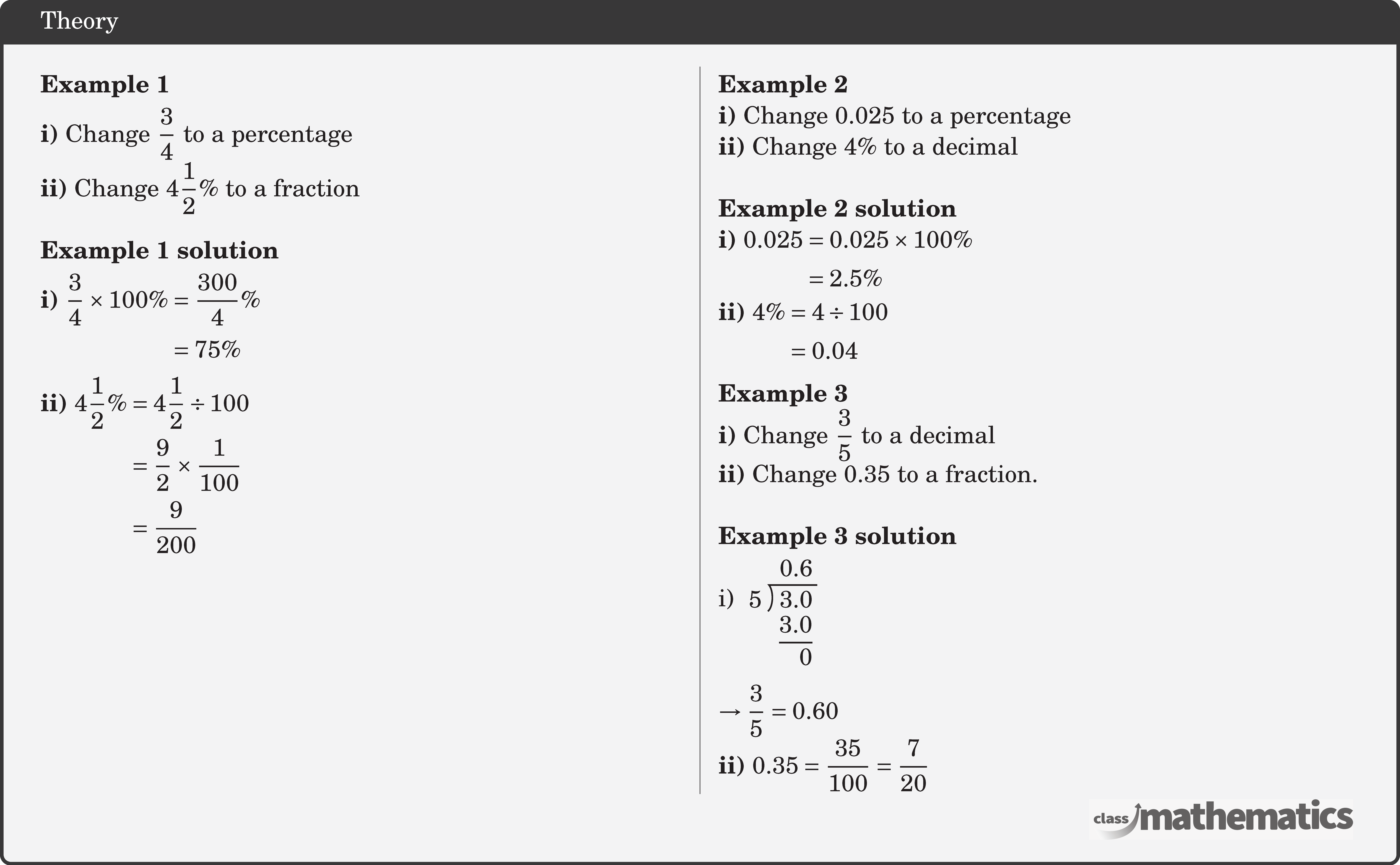\begin{multicols}{2}  \textbf{Example 1}\\[3pt] \textbf{i)} Change \(\dfrac{3}{4}\) to a percentage\\ \textbf{ii)} Change \(4 \dfrac{1}{2} \%\) to a fraction\\  \textbf{Example 1 solution}\\[3pt] \textbf{i)} \(\begin{aligned}[t] \frac{3}{4} \times 100 \% & =\frac{300}{4} \% \\ & =75 \% \end{aligned}\)\\[3pt] \textbf{ii)} \(\begin{aligned}[t] 4 \frac{1}{2} \% & =4 \frac{1}{2} \div 100 \\ & =\frac{9}{2} \times \frac{1}{100} \\ & =\frac{9}{200} \end{aligned}\)   \columnbreak  \textbf{Example 2}\\ \textbf{i)} Change \(0.025\) to a percentage\\ \textbf{ii)} Change \(4 \%\) to a decimal\\  \textbf{Example 2 solution}\\ \textbf{i)} \(\begin{aligned}[t] 0.025 & =0.025 \times 100 \% \\ & =2.5 \% \end{aligned}\)\\ \textbf{ii)} \(\begin{aligned}[t] 4 \% & =4 \div 100 \\ & =0.04 \end{aligned}\)\\  \textbf{Example 3}\\ \textbf{i)} Change \(\dfrac{3}{5}\) to a decimal\\ \textbf{ii)} Change \(0.35\) to a fraction.\\  \textbf{Example 3 solution}\\ i) \(\longdivision{3}{5}\)\\ \(\rightarrow \dfrac { 3 } { 5 } = 0 . 6 0\)\\ \textbf{ii)} \(0.35=\dfrac{35}{100}=\dfrac{7}{20}\)  \end{multicols}