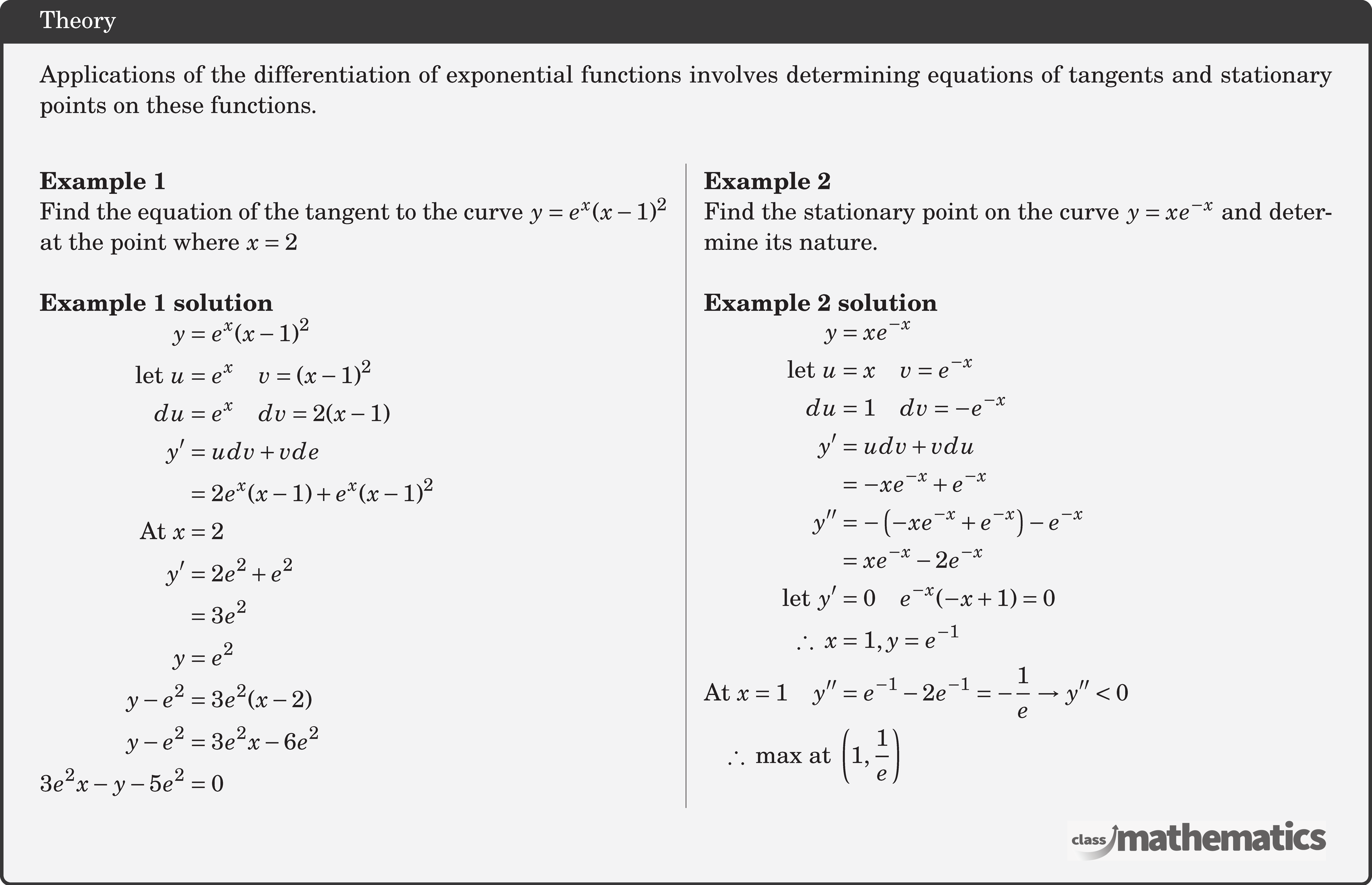 Applications of the differentiation of exponential functions involves determining equations of tangents and stationary points on these functions.\\  \begin{multicols}{2}  \textbf{Example 1}\\ %10634 Find the equation of the tangent to the curve \(y = {e^x}{(x - 1)^2}\) at the point where \(x = 2\) \\  \textbf{Example 1 solution}\\ $\begin{aligned} y &=e^{x}(x-1)^{2} \\ \text { let } u &=e^{x} \quad v=(x-1)^{2} \\ d u &=e^{x} \quad d v=2(x-1) \\ y^{\prime} &=u d v+v d e \\ &=2 e^{x}(x-1)+e^{x}(x-1)^{2}\\ \text{At}\ x&=2\\ y^{\prime} &=2 e^{2}+e^{2} \\ &=3 e^{2} \\ y &=e^{2} \\ y-e^{2}&=3 e^{2}(x-2)\\ y-e^{2}&=3 e^{2} x-6 e^{2}\\ 3 e^{2} x-y-5 e^{2}&=0 \end{aligned}$\\  \columnbreak \textbf{Example 2}\\%10635 Find the stationary point on the curve \(y = x{e^{ - x}}\) and determine its nature.\\  \textbf{Example 2 solution}\\ $\begin{aligned} y &=x e^{-x} \\ \text { let } u &=x \quad v=e^{-x} \\ d u &=1 \quad d v=-e^{-x} \\ y^{\prime} &=u d v+v d u \\ &=-x e^{-x}+e^{-x}\\ y^{\prime \prime} &=-\left(-x e^{-x}+e^{-x}\right)-e^{-x} \\ &=x e^{-x}-2 e^{-x}\\ \text { let } y^{\prime}&=0 \quad e^{-x}(-x+1)=0\\ \therefore\ x&=1, y=e^{-1}\\ \text{At}\ x=1 \quad y^{\prime \prime}&=e^{-1}-2 e^{-1}=-\frac{1}{e} \rightarrow y^{\prime \prime}<0\\ \therefore\ \text{max at}\ &\left(1, \frac{1}{e}\right) \end{aligned}$ \end{multicols}
