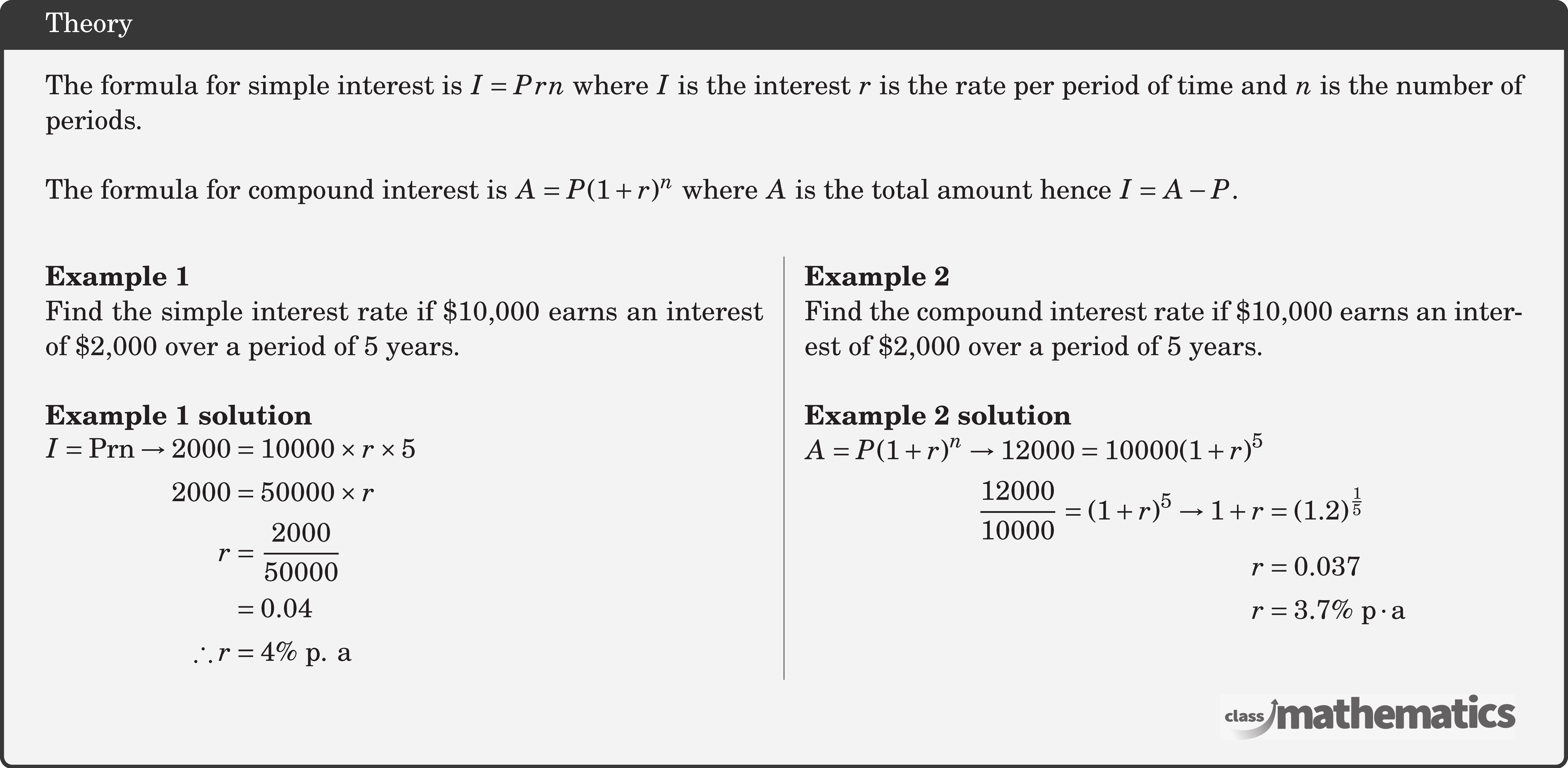 The formula for simple interest is \(I=P r n\) where \(I\) is the interest \(r\) is the rate per period of time and \(n\) is the number of periods.\\  The formula for compound interest is \(A=P(1+r)^n\) where \(A\) is the total amount hence \(I=A-P\).\\  \begin{multicols}{2}  \textbf{Example 1} \\ %15901 Find the simple interest rate if \$10,000 earns an interest of \$2,000 over a period of 5 years. \\  \textbf{Example 1 solution}\\ $\begin{aligned} I=\operatorname{Prn} \rightarrow 2000 &=10000 \times r \times 5 \\ 2000 &=50000 \times r\\ r &=\frac{2000}{50000} \\ &=0.04 \\ \therefore r &=4\%\ \text{p. a} \end{aligned}$\\  \columnbreak  \textbf{Example 2}\\ %15902 Find the compound interest rate if \$10,000 earns an interest of \$2,000 over a period of 5 years.\\  \textbf{Example 2 solution}\\ $\begin{aligned} A=P(1+r)^{n} \rightarrow 12000=10000(1+r)^{5} & \\ \frac{12000}{10000}=(1+r)^{5} \rightarrow 1+r &=(1.2)^{\frac{1}{5}} \\ r &=0.037 \\ r &=3.7\%\ \mathrm{p} \cdot \mathrm{a} \end{aligned}$ \end{multicols}