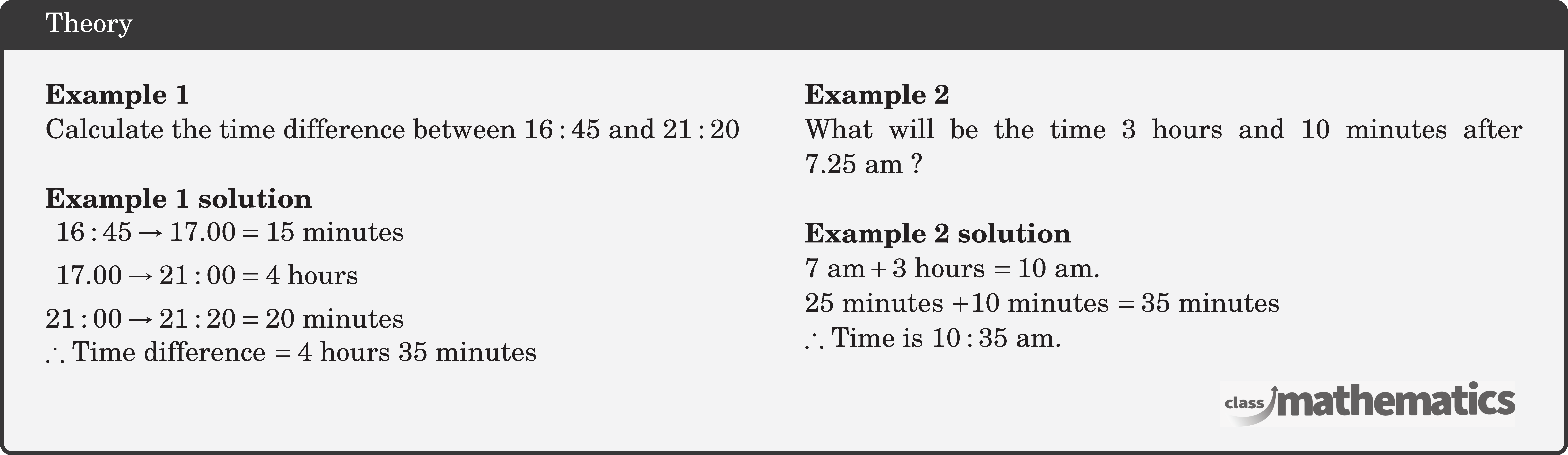 \begin{multicols}{2}  \textbf{Example 1}\\ Calculate the time difference between \(16: 45\) and \(21:20\)\\  \textbf{Example 1 solution}\\ \(\begin{aligned} 16: 45 \rightarrow 17.00&=15 \text { minutes } \\ 17.00 \rightarrow 21: 00&=4 \text { hours } \\ 21: 00 \rightarrow 21: 20&=20 \text { minutes } \end{aligned}\)\\ \(\therefore\) Time difference \(=4\) hours \(35\) minutes  \columnbreak \textbf{Example 2}\\ What will be the time 3 hours and 10 minutes after \(7.25 \text{ am}\) ?\\  \textbf{Example 2 solution}\\ \(7 \text{ am}+3\) hours \(=10 \text{ am}\).\\ \(25\) minutes \(+10\) minutes \(=35\) minutes\\ \(\therefore\) Time is \(10:35\) am. \end{multicols}