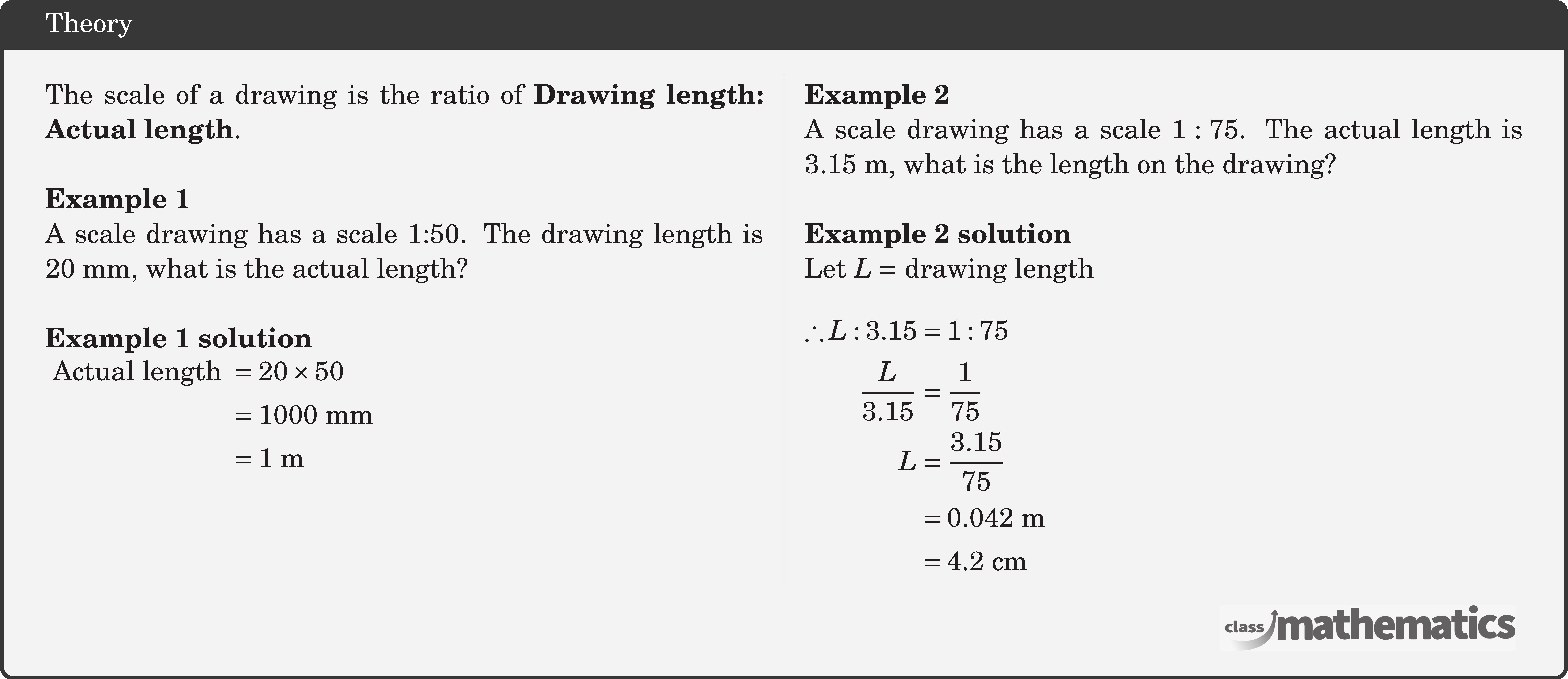 \begin{multicols}{2} The scale of a drawing is the ratio of \textbf{Drawing length: Actual length}.\\  \textbf{Example 1}\\ A scale drawing has a scale 1:50. The drawing length is \(20 \mathrm{~mm}\), what is the actual length? \\  \textbf{Example 1 solution}\\ $\begin{aligned} \text { Actual length } & =20 \times 50 \\ & =1000 \mathrm{~mm} \\ & =1 \mathrm{~m} \end{aligned}$\\  \columnbreak \textbf{Example 2}\\ A scale drawing has a scale \(1: 75\). The actual length is \(3.15 \mathrm{~m}\), what is the length on the drawing? \\  \textbf{Example 2 solution}\\ Let \(L=\) drawing length\\  $\begin{aligned} \therefore L: 3.15 & =1: 75 \\ \frac{L}{3.15} & =\frac{1}{75} \\ L & =\frac{3.15}{75} \\ & =0.042 \mathrm{~m} \\ & =4.2 \mathrm{~cm} \end{aligned}$\\  \end{multicols}